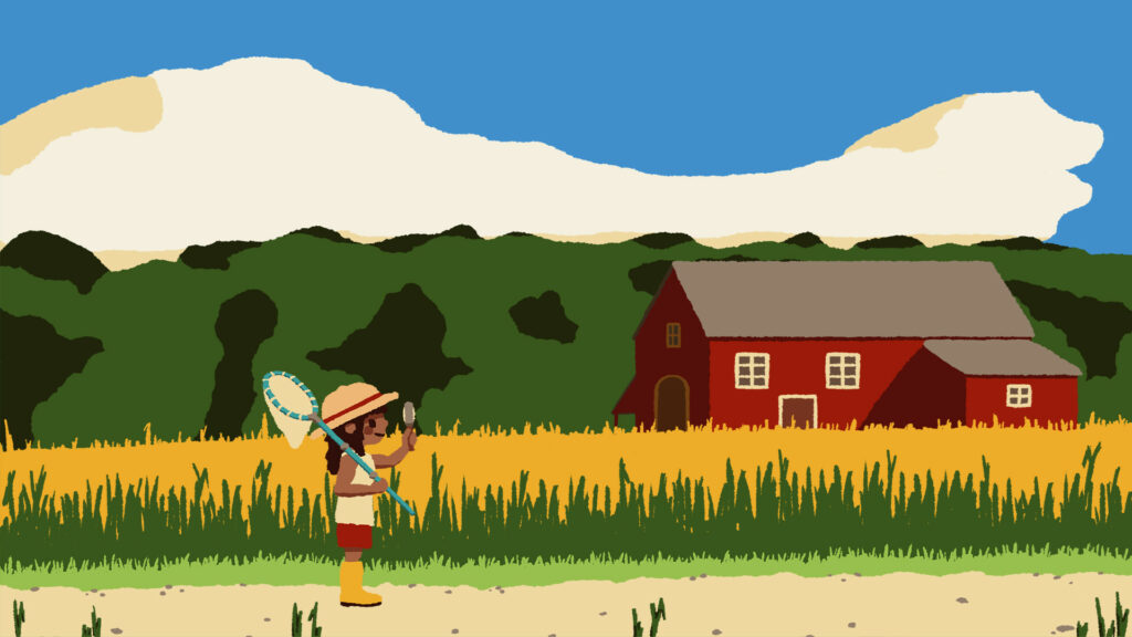 Drawing of a little girl by the side holding a bug net in front of a field of wheat. House and hill on the back of the picture - Valentin's kickass marketing hooks #2