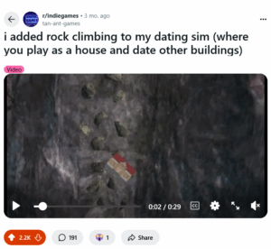 Reddit post of a house climbing a mountain. Caption: I added rock climbing to my dating sim (where you play as a house and date other buildings) - Interview Tanat Boozayaanagol