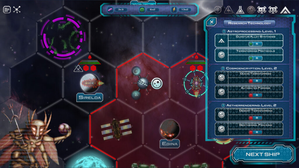 Space strategy game interface with hex grid, planets Sirelda and Egina, tech research panel, and resources.