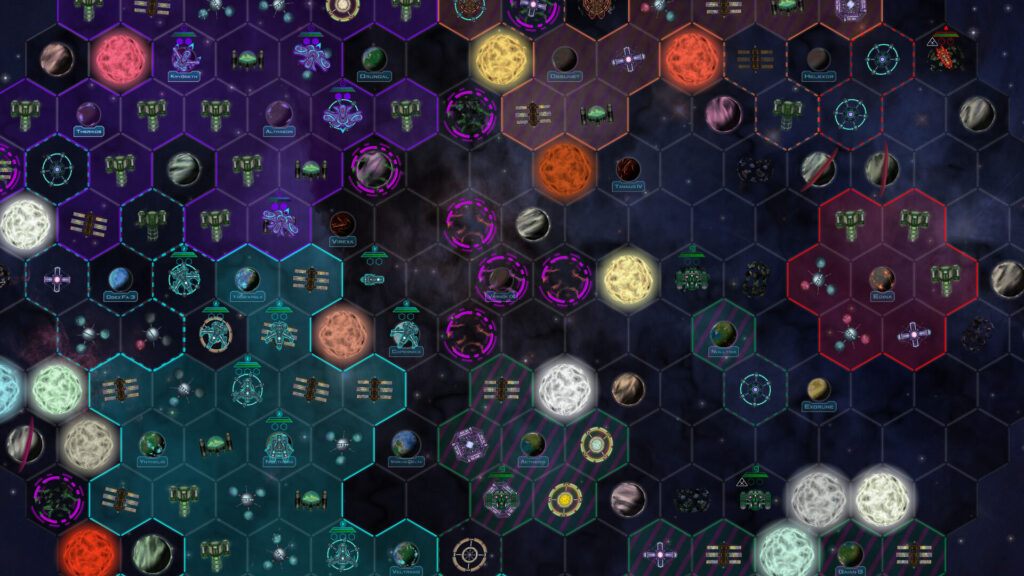 Carte hexagonale d'une zone spatiale avec planètes, étoiles, stations et vaisseaux en secteurs colorés.