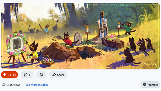 Screenshot of a reddit post. Image : drawing of cats doing a funeral ceremony in the woods. 71 upvotes - Gravediggers Valentin Thomas Portfolio