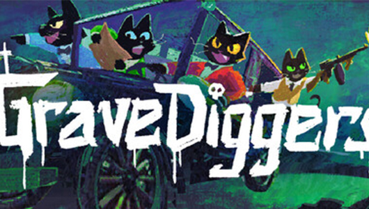 Undertaker cats in a 1930's hearse with "gravediggers" writtien in the center of the image - Gravediggers Valentin Thomas Portfolio